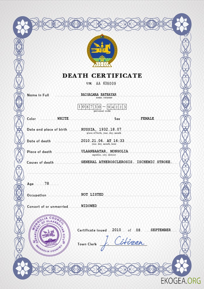 Modèle PSD de certificat de décès de Mongolie